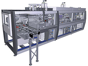Stretch film packers with in-line infeed